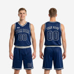 Size and specification sheet for custom navy basketball uniform set covering youth and adult sizing options for team orders