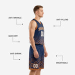 Back view of custom navy basketball uniform showing back number placement and full Aztec geometric shorts panel