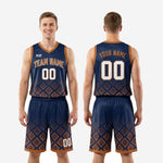 Size and specification sheet for custom navy basketball uniform set in youth and adult sizing