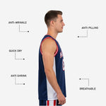 Back view of custom navy blue basketball jerseys showing player name and back number in white with red outline