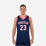 Front and back view of custom navy blue basketball jerseys with red and white V-neck binding and arced team name on chest