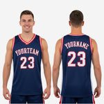 Size and spec chart for custom navy blue basketball jerseys in youth and adult sizing