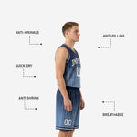 Back view of navy blue basketball uniform showing back player name and number sublimated in white with navy outline on gradient pinstripe jersey
