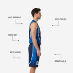 Back view of navy blue basketball uniform showing white player name and back number on navy jersey with matching shorts