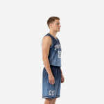 Custom navy blue basketball uniform front view showing crew neck binding, bold white front number, and matching pinstripe shorts on a male model