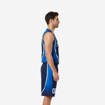 Custom navy and royal blue basketball jersey with white curved trim panel and front number on adult male model