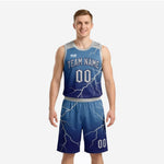 Navy blue basketball uniform set with sky-blue gradient and white lightning-crack sublimation, team name arced across chest and number 00 front and shorts