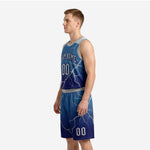 Opposite side view of the custom navy blue basketball uniform set showing matching lightning-bolt sublimation pattern on both the sleeveless jersey and shorts