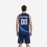 Opposite side view of custom navy basketball uniform displaying royal blue side panel sweep and matching elastic waistband shorts