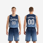 Size and specification sheet for the navy blue pinstripe basketball uniform set showing youth and adult sizing measurements