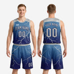 Size and specification sheet for the navy blue basketball uniform set covering youth and adult sizing across the full roster