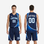 Size and specification chart for the custom navy blue basketball uniform set covering youth and adult roster sizing