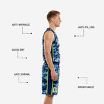Back view of the sublimated navy blue camo basketball uniform showing player name and back number placement on the full camo jersey and shorts