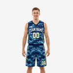 Navy blue basketball uniform two-piece camo set with neon yellow-green trim, showing front and back views of the sublimated jersey and shorts