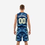 Opposite side view of the custom navy blue camo basketball uniform set highlighting the contrast neon side stripe and matching shorts construction