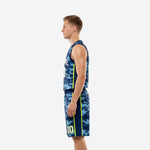 Side view of the navy blue camo basketball uniform showing neon yellow-green vertical trim stripe running down the jersey and shorts side panel