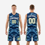 Size and specification sheet for the custom navy blue camo basketball uniform set covering youth and adult sizing options