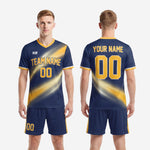 Navy blue and gold full soccer uniform set, complete kit with matching shorts, K2 Sportswear