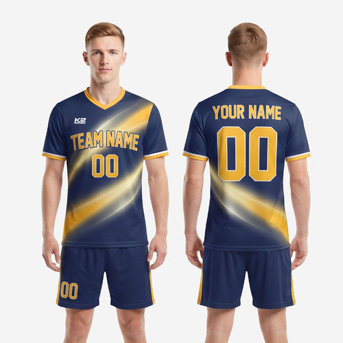 Navy blue and gold full soccer uniform set, complete kit with matching shorts, K2 Sportswear