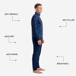 Navy soccer tracksuit pants detail showing hex pattern on thigh panel and tapered ankle cut