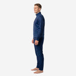 Custom navy blue soccer tracksuit right-side profile showing full-dye hex pattern coverage on jacket and pants