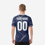 Back view of men's Navy Blue marble custom soccer jersey with player name and number printed in white