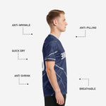 Close-up of V-neck collar with Silver trim on custom Navy Blue marble soccer jersey