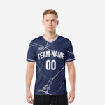 Men's custom blue and white soccer jersey with Navy Blue marble sublimation print and arched team name on chest