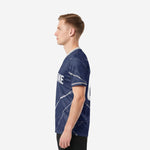 Right side view of custom sublimated blue and white soccer jersey with Silver-White marble veining and player surname on back