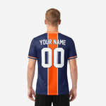 Back view of a custom men soccer jersey in navy blue and orange with white back name and number sublimation print