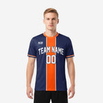 Front view of a custom men soccer jersey in navy blue and orange with vertical center stripe panel and white team name and number print
