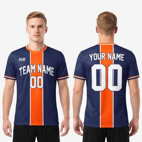 Sleeve cuff detail of a custom men soccer jersey in navy blue and orange with matching orange and white stripe accent
