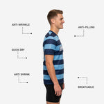 Back view of custom blue and white training jersey showing full-dye sublimated stripe pattern and player name and number zones