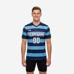 Men's custom blue and white training jersey with Navy Blue and Sky Blue horizontal stripes, white team name and number on chest, front view
