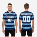 Full-body view of men's custom blue and white training jersey in Navy Blue and Sky Blue stripes, athletic cut, short sleeve