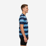 Custom blue and white training jersey side view showing Navy Blue and Sky Blue stripe pattern running collar to hem