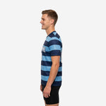 Adult soccer practice jersey in Navy Blue and Sky Blue stripes, side profile showing short sleeve and V-neck construction