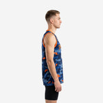Front view of navy and orange fully sublimated camo basketball jersey with V-neck orange binding and varsity team name across chest