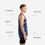 Side view of navy camo basketball jersey showing straight game-length hem, orange armhole binding, and full-body camo print on adult male