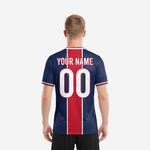 Back view of Navy Blue and Crimson custom sublimation soccer jersey showing player name and back number printed in white