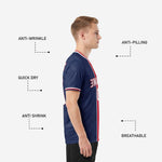 Close-up detail of V-neck collar and sleeve cuff white and Crimson striped trim on Navy Blue custom soccer jersey
