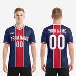Flat lay of custom sublimation soccer jersey design in Navy Blue and Crimson showing full chevron texture and center stripe construction