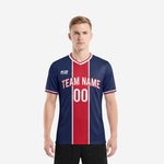 Front view of Navy Blue and Crimson custom sublimation soccer jersey design with arched team name and front number in white on male model