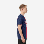 Men's custom sublimation soccer jersey design in Navy Blue and Crimson, left side view showing sleeve cuff trim and chevron texture
