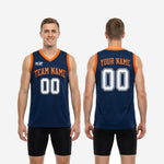 Back view of navy custom basketball jersey showing back number and player name placement above number on full navy body