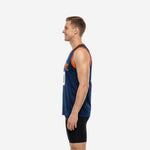 Front view of men's navy custom basketball jersey with orange armhole binding and white front number 00 on solid navy body