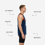 Opposite side view of navy sublimated basketball jersey confirming solid navy side panel and straight hem with no side vents