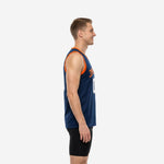 Size and spec sheet for navy custom basketball jerseys showing youth and adult size run and jersey measurements