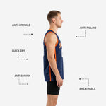 Back view of navy custom basketball jersey showing back player name and number placement with orange side stripe