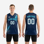 Back view of navy custom basketball jerseys showing player name and back number placement with teal and white sublimation design